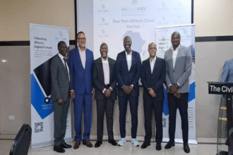 Director, UnicloudAfrica, Seyi Katola; Chief Executive Officer, Open Access Data Centres, Ayotunde Coker; President, Association of Telecommunications Companies of Nigeria, Tony Emoekpere; Chief Executive Officer, UnicloudAfrica, Ladi Okuneye; Chief Executive Officer, Internet Exchange Point of Nigeria, Muhammed Rudman; and Chief Marketing Officer, UnicloudAfrica, Chuck Umeh, at the official launch of UnicloudAfrica, a cloud services provider, held on Monday in Lagos.