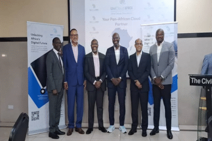 Director, UnicloudAfrica, Seyi Katola; Chief Executive Officer, Open Access Data Centres, Ayotunde Coker; President, Association of Telecommunications Companies of Nigeria, Tony Emoekpere; Chief Executive Officer, UnicloudAfrica, Ladi Okuneye; Chief Executive Officer, Internet Exchange Point of Nigeria, Muhammed Rudman; and Chief Marketing Officer, UnicloudAfrica, Chuck Umeh, at the official launch of UnicloudAfrica, a cloud services provider, held on Monday in Lagos.