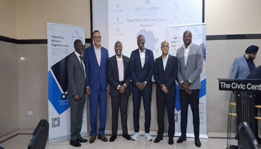 Director, UnicloudAfrica, Seyi Katola; Chief Executive Officer, Open Access Data Centres, Ayotunde Coker; President, Association of Telecommunications Companies of Nigeria, Tony Emoekpere; Chief Executive Officer, UnicloudAfrica, Ladi Okuneye; Chief Executive Officer, Internet Exchange Point of Nigeria, Muhammed Rudman; and Chief Marketing Officer, UnicloudAfrica, Chuck Umeh, at the official launch of UnicloudAfrica, a cloud services provider, held on Monday in Lagos.