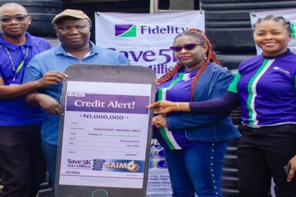 L – R: Direct Sales Executive, Fidelity Bank Plc, Adegboyega Ademokunwa; GAIM 6 Eight Monthly draw winner, Innocent Okoro Orji; Branch Leader, Fidelity Bank Plc, Gbagada, Chinwe Umez-Eronini; and Product Manager, Savings, Fidelity Bank Plc, at the GAIM 6 prize presentation ceremony at Gbagada Building Materials market in Lagos recently. Photo: Fidelity Bank