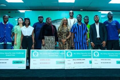 L-R: Associate Vice President, Payment Acquiring - Key Account Service OPay, Oladepo Lawal-Solarin; Chief Commercial Officer, OPay, Elizabeth Wang; grand prize winner OPay SecurityVoteChallenge, Adegoke Adewunmi; Head Partnerships OPay, Ikponmwosa Odiase, grand prize winner; Ezeonwuka Greatness; Isaac Olayiwola ‘Layi Wasabi’, grand prize winner, Charles Ihugba; Samuel Perry ‘Broda Shaggi’, Chukwuebuka Amuzie ‘Brainjotter’, and Enterprise Marketing Manager, OPay, Oluwaseun Imade, at the OPay SecurityVote Challenge grand finale in Lagos. Credit: OPay